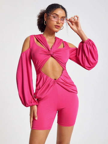 Twist Front Cut Out Cold Shoulder Lantern Sleeve Romper