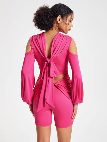 Twist Front Cut Out Cold Shoulder Lantern Sleeve Romper