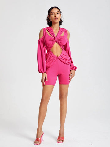Twist Front Cut Out Cold Shoulder Lantern Sleeve Romper