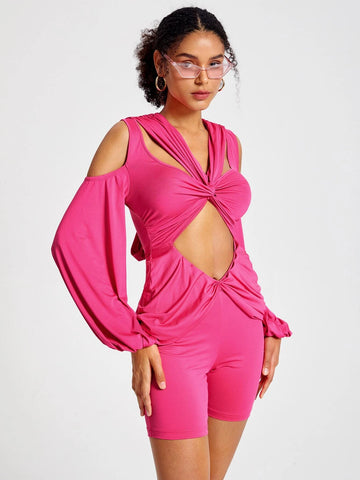 Twist Front Cut Out Cold Shoulder Lantern Sleeve Romper