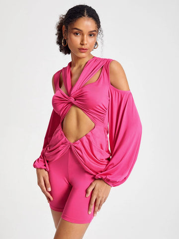 Twist Front Cut Out Cold Shoulder Lantern Sleeve Romper