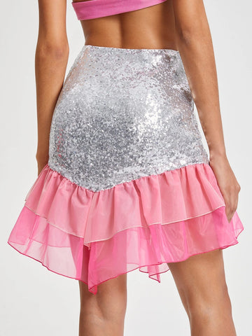 Contrast Mesh Ruffle Hem Sequin Skirt