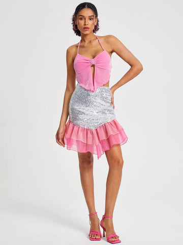 Contrast Mesh Ruffle Hem Sequin Skirt