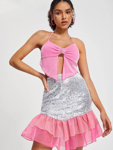 Contrast Mesh Ruffle Hem Sequin Skirt
