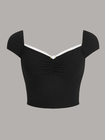 ICON Contrast Lace Ruched Bust Tee