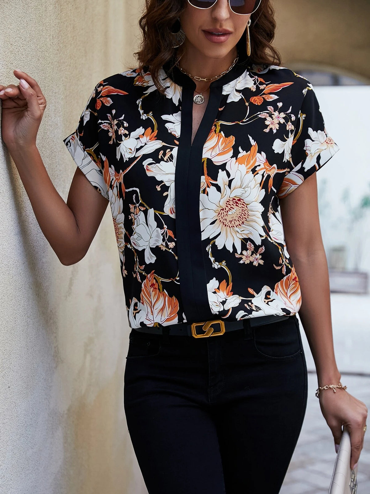 EMERY ROSE Floral Print Notched Neck Batwing Sleeve Blouse