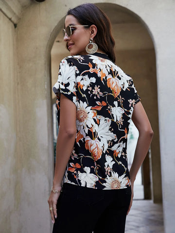 EMERY ROSE Floral Print Notched Neck Batwing Sleeve Blouse
