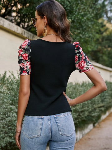 EMERY ROSE Floral Print Puff Sleeve Tee