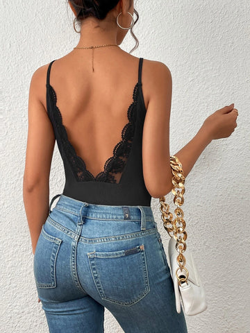 Contrast Lace Backless Cami Bodysuit