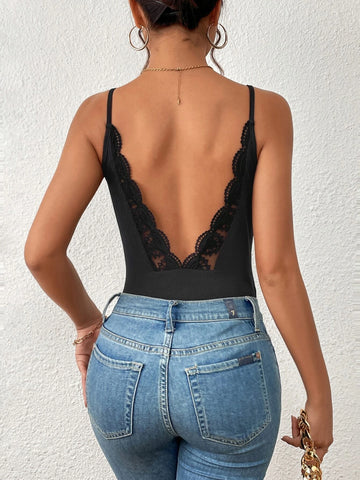 Contrast Lace Backless Cami Bodysuit