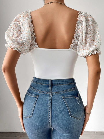 Ditsy Floral Print Contrast Lace Puff Sleeve Bustier Bodysuit