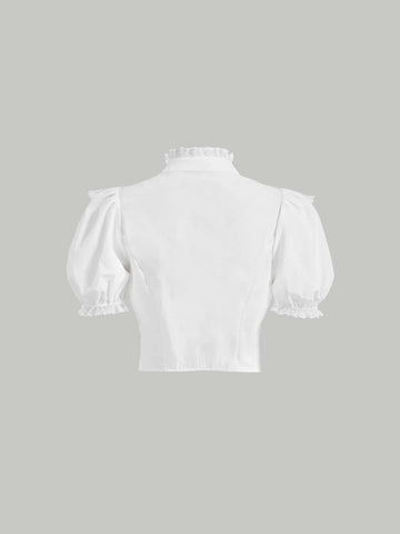 MOD Contrast Lace Ruffle Trim Puff Sleeve Ruffle Trim Crop Shirt