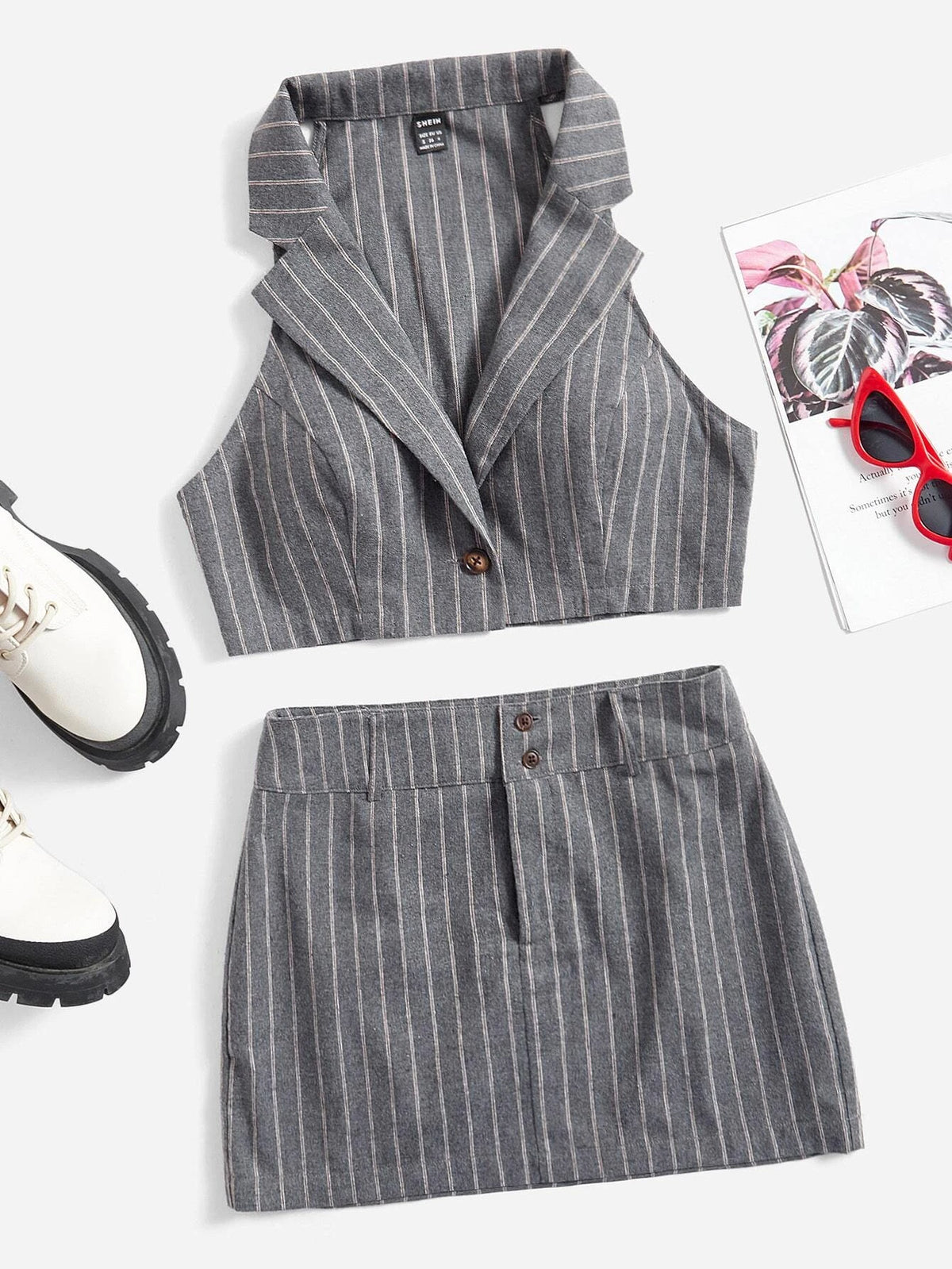 EZwear Notched Collar Striped Crop Top & Skirt Without Shirt