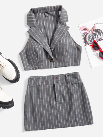 EZwear Notched Collar Striped Crop Top & Skirt Without Shirt