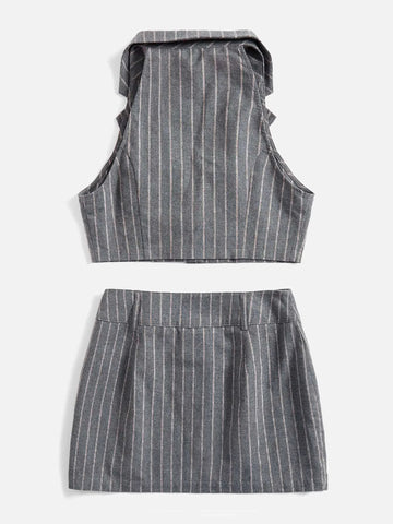 EZwear Notched Collar Striped Crop Top & Skirt Without Shirt