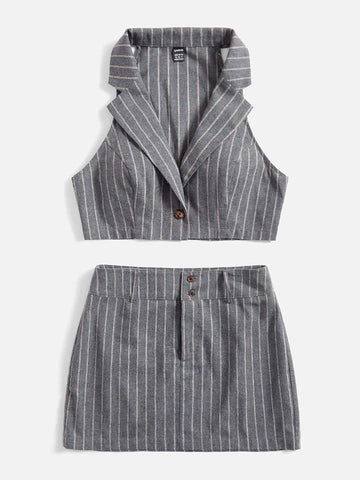 EZwear Notched Collar Striped Crop Top & Skirt Without Shirt