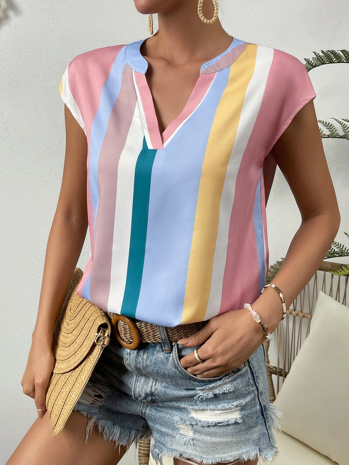 VCAY Striped Print Notched Neckline Batwing Sleeve Blouse