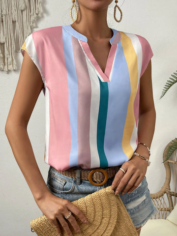 VCAY Striped Print Notched Neckline Batwing Sleeve Blouse