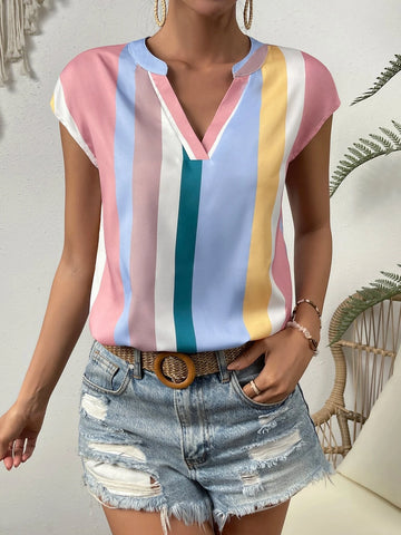 VCAY Striped Print Notched Neckline Batwing Sleeve Blouse