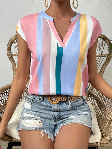 VCAY Striped Print Notched Neckline Batwing Sleeve Blouse