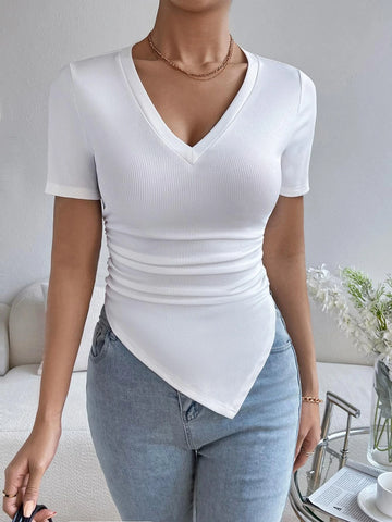 SXY Solid Ruched Hanky Hem Tee