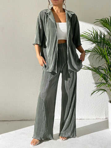 Drop Shoulder Lettuce Trim Shirt & Wide Leg Pants