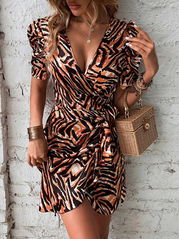 Allover Print Knot Side Wrap Dress