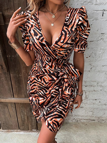Allover Print Knot Side Wrap Dress