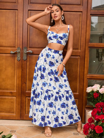 PARTHEA Floral Print Cami Top & Ruffle Hem Skirt