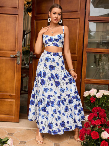 PARTHEA Floral Print Cami Top & Ruffle Hem Skirt