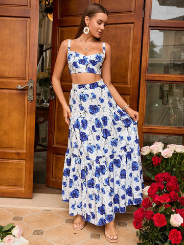 PARTHEA Floral Print Cami Top & Ruffle Hem Skirt