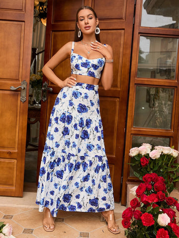 PARTHEA Floral Print Cami Top & Ruffle Hem Skirt