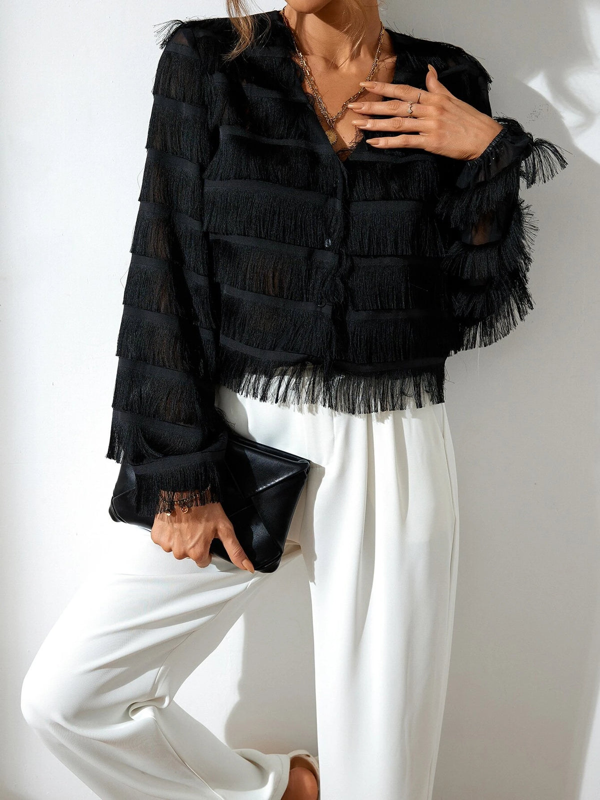 Fringe Trim Button Front Crop Blouse