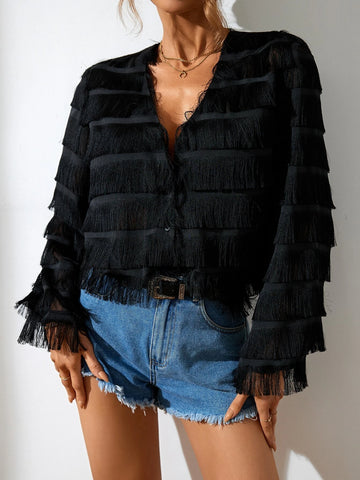 Fringe Trim Button Front Crop Blouse