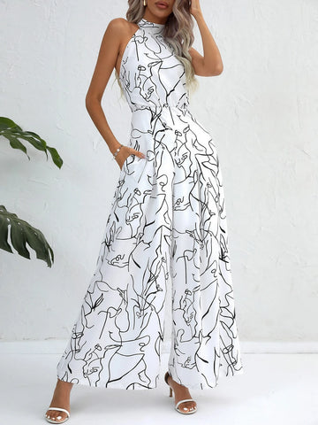 Allover Print Slant Pocket Wide Leg Halter Jumpsuit