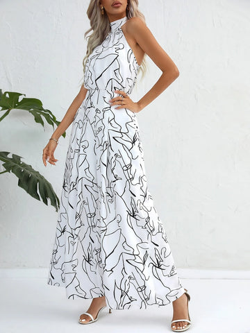 Allover Print Slant Pocket Wide Leg Halter Jumpsuit