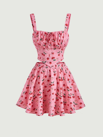 MOD Cherry Print Tie Front Tank Top & Skirt