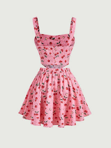 MOD Cherry Print Tie Front Tank Top & Skirt