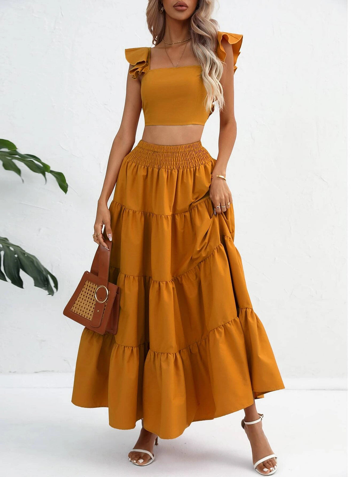 Solid Ruffle Trim Crop Top & Ruffle Hem Skirt