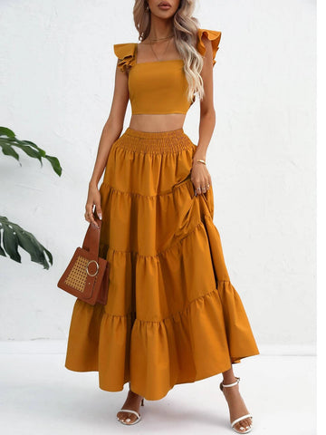 Solid Ruffle Trim Crop Top & Ruffle Hem Skirt
