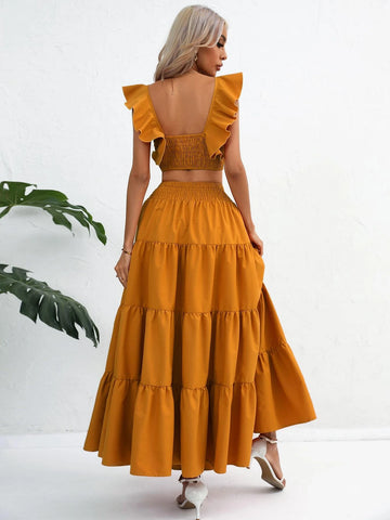 Solid Ruffle Trim Crop Top & Ruffle Hem Skirt