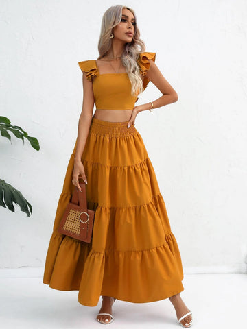 Solid Ruffle Trim Crop Top & Ruffle Hem Skirt