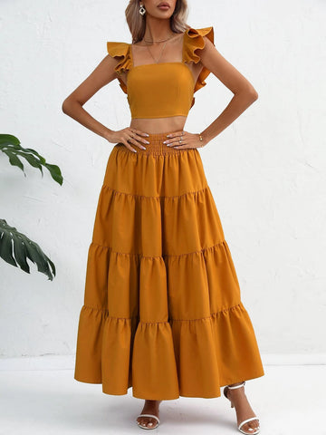 Solid Ruffle Trim Crop Top & Ruffle Hem Skirt