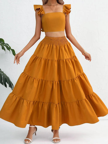Solid Ruffle Trim Crop Top & Ruffle Hem Skirt
