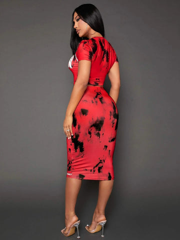 Letter Graphic Tee & Tie Dye Bodycon Skirt