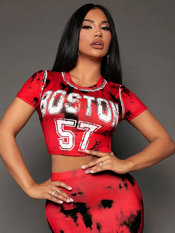 Letter Graphic Tee & Tie Dye Bodycon Skirt