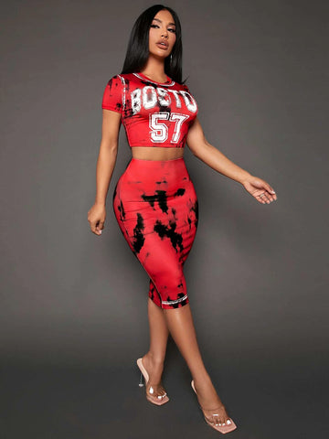 Letter Graphic Tee & Tie Dye Bodycon Skirt