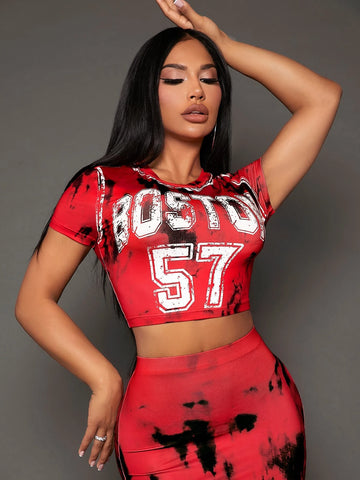Letter Graphic Tee & Tie Dye Bodycon Skirt