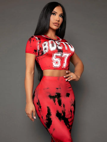 Letter Graphic Tee & Tie Dye Bodycon Skirt