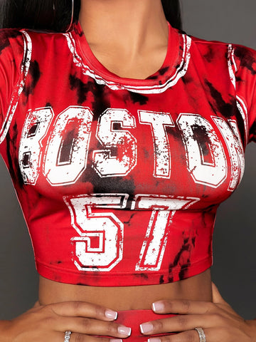 Letter Graphic Tee & Tie Dye Bodycon Skirt